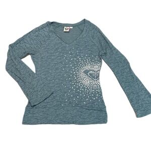 ROXY Women's Blue Long Sleeve V-Neck T-Shirt Graphic Heart Burnout Size M y2k